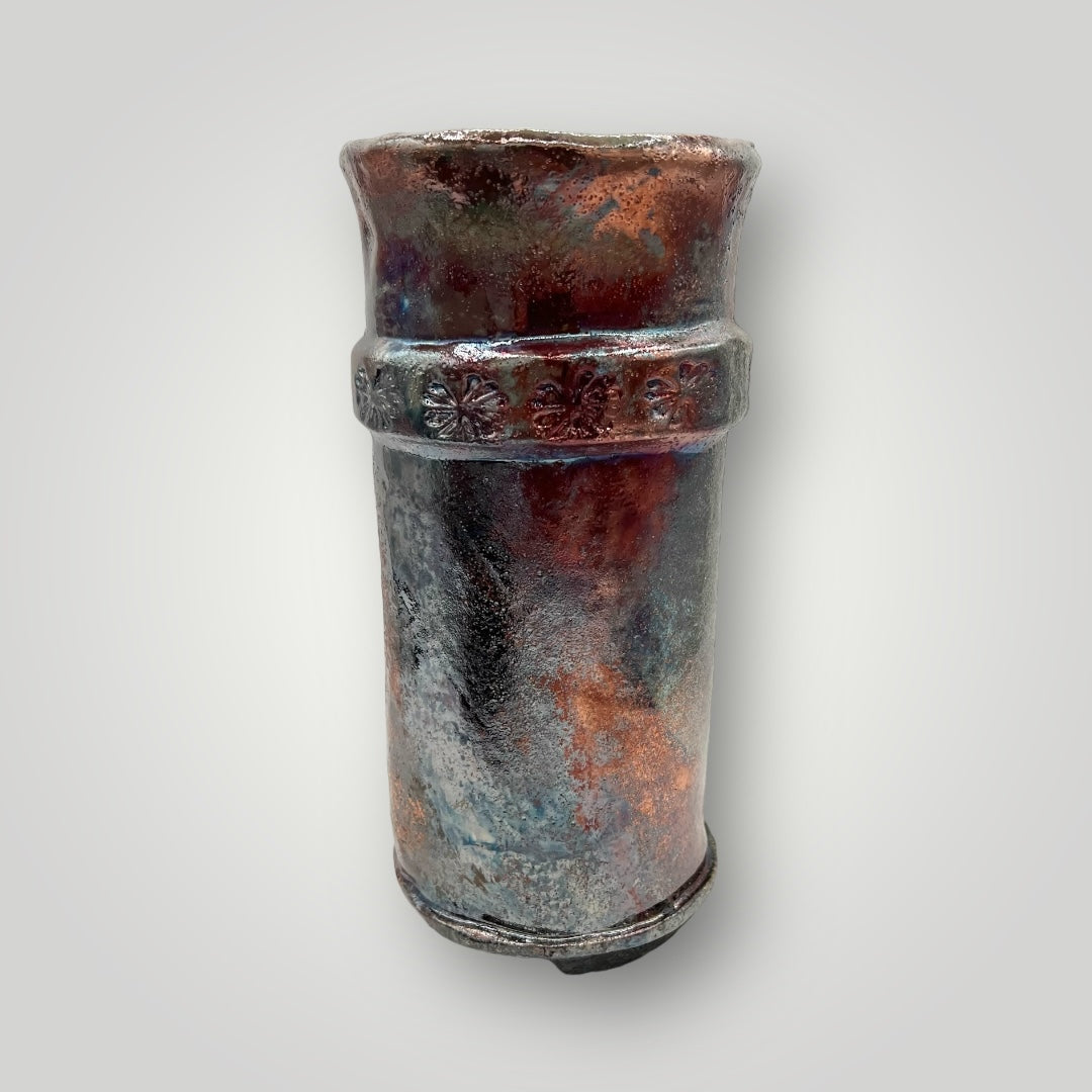 Raku pot, multi color long narrow , round opening, CB47