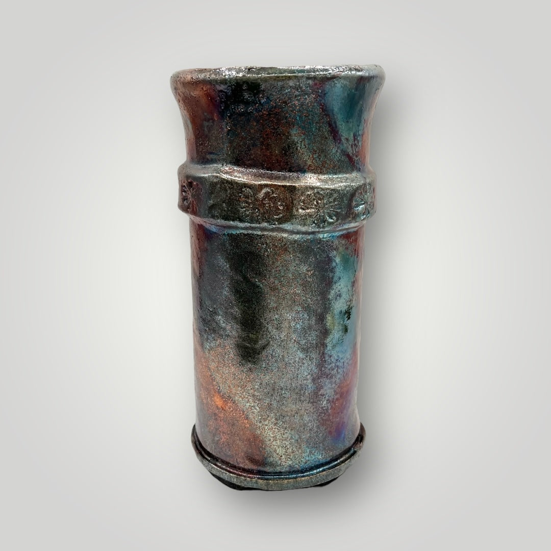 Raku pot, multi color long narrow , round opening, CB47