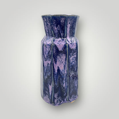 Tall purple ceramic pot, cylindrical shape with vertical fluted ridges, CB38