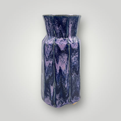 Tall purple ceramic pot, cylindrical shape with vertical fluted ridges, CB38