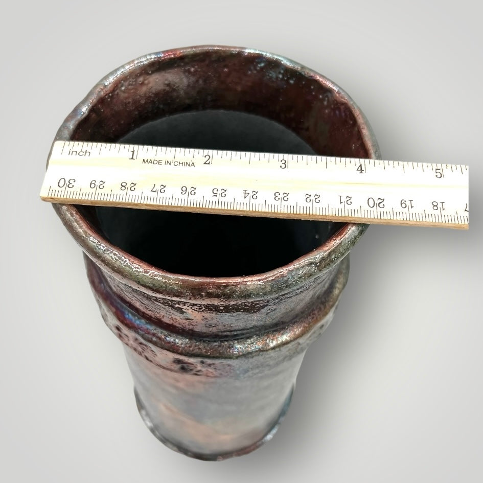 Raku pot, multi color long narrow , round opening, CB47