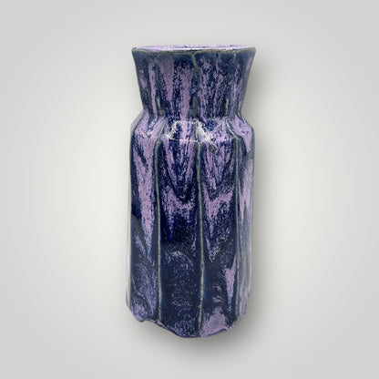 Tall purple ceramic pot, cylindrical shape with vertical fluted ridges, CB38