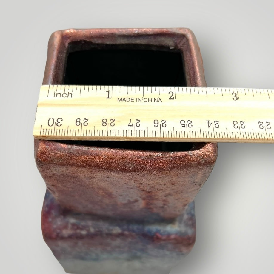 Raku pot, multi color long and narrow, square opening pot CB 33