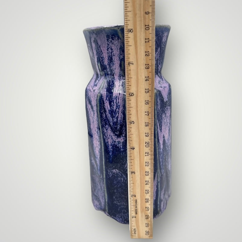 Tall purple ceramic pot, cylindrical shape with vertical fluted ridges, CB38