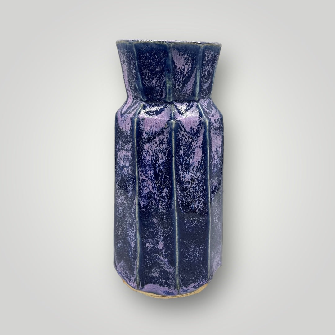 Tall purple ceramic pot, cylindrical shape with vertical fluted ridges, CB38