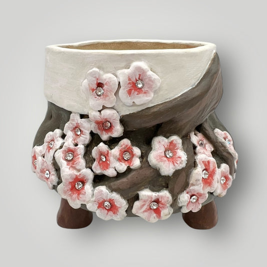 Round 3D cherry blossom ceramic handmade pot, shiny cubic zirconia, DS86