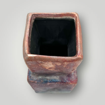 Raku pot, multi color long and narrow, square opening pot CB 33