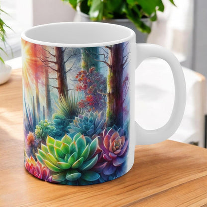 Succulent forest 11, 15, 20 oz Black Ceramic Mug * Watercolor * Enchanting nature inspired * Gift for plant lover *Tee coffee Mug