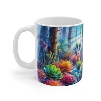 Succulent forest 11, 15, 20 oz Black Ceramic Mug * Watercolor * Enchanting nature inspired * Gift for plant lover *Tee coffee Mug