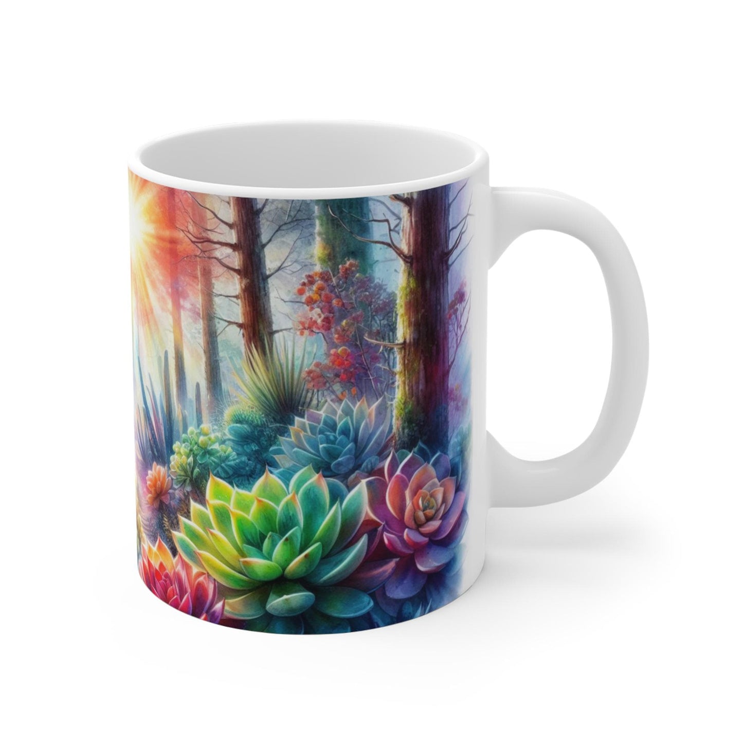 Succulent forest 11, 15, 20 oz Black Ceramic Mug * Watercolor * Enchanting nature inspired * Gift for plant lover *Tee coffee Mug