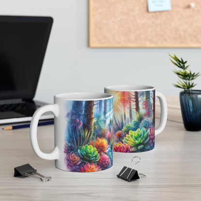 Succulent forest 11, 15, 20 oz Black Ceramic Mug * Watercolor * Enchanting nature inspired * Gift for plant lover *Tee coffee Mug